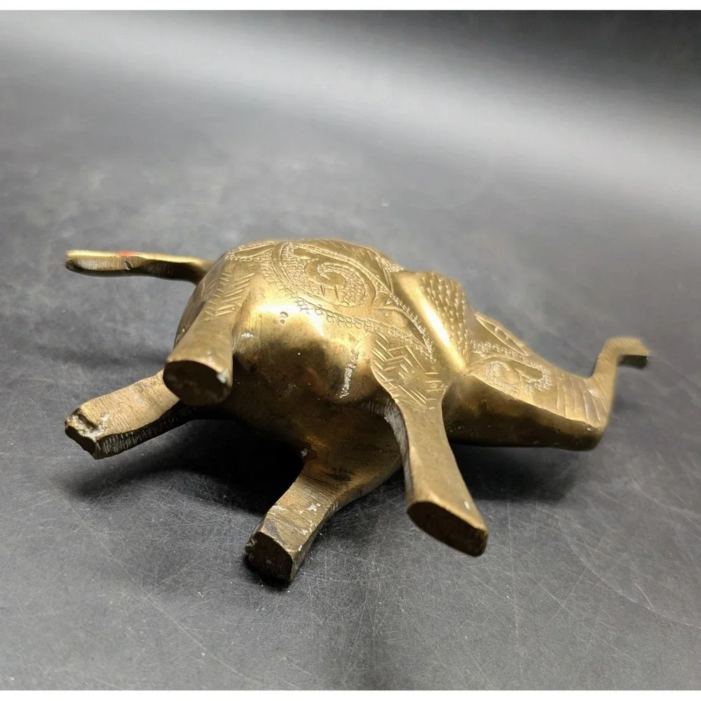 Vintage Etched Brass Elephant Figurine Trunk Up Good Luck Statue India Decor 6